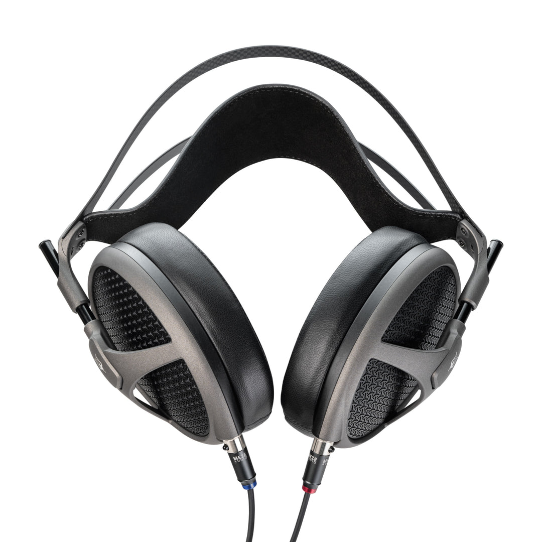 Meze Audio Elite Tungsten front with attached cables over white background