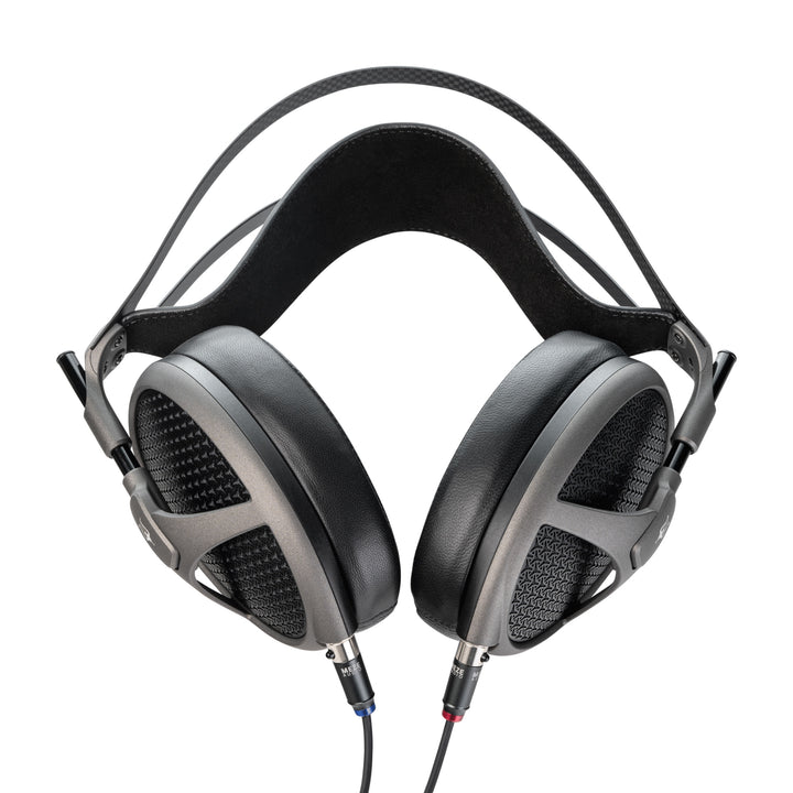 Meze Audio Elite Tungsten front with attached cables over white background