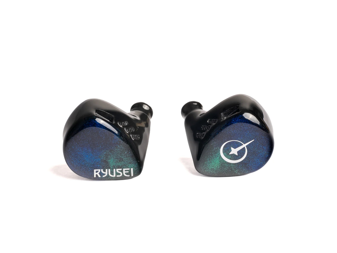 Ryusei in-ear monitors with a glossy black finish and a subtle blue-green iridescent shimmer on the outer surface. One earpiece displays the white &
