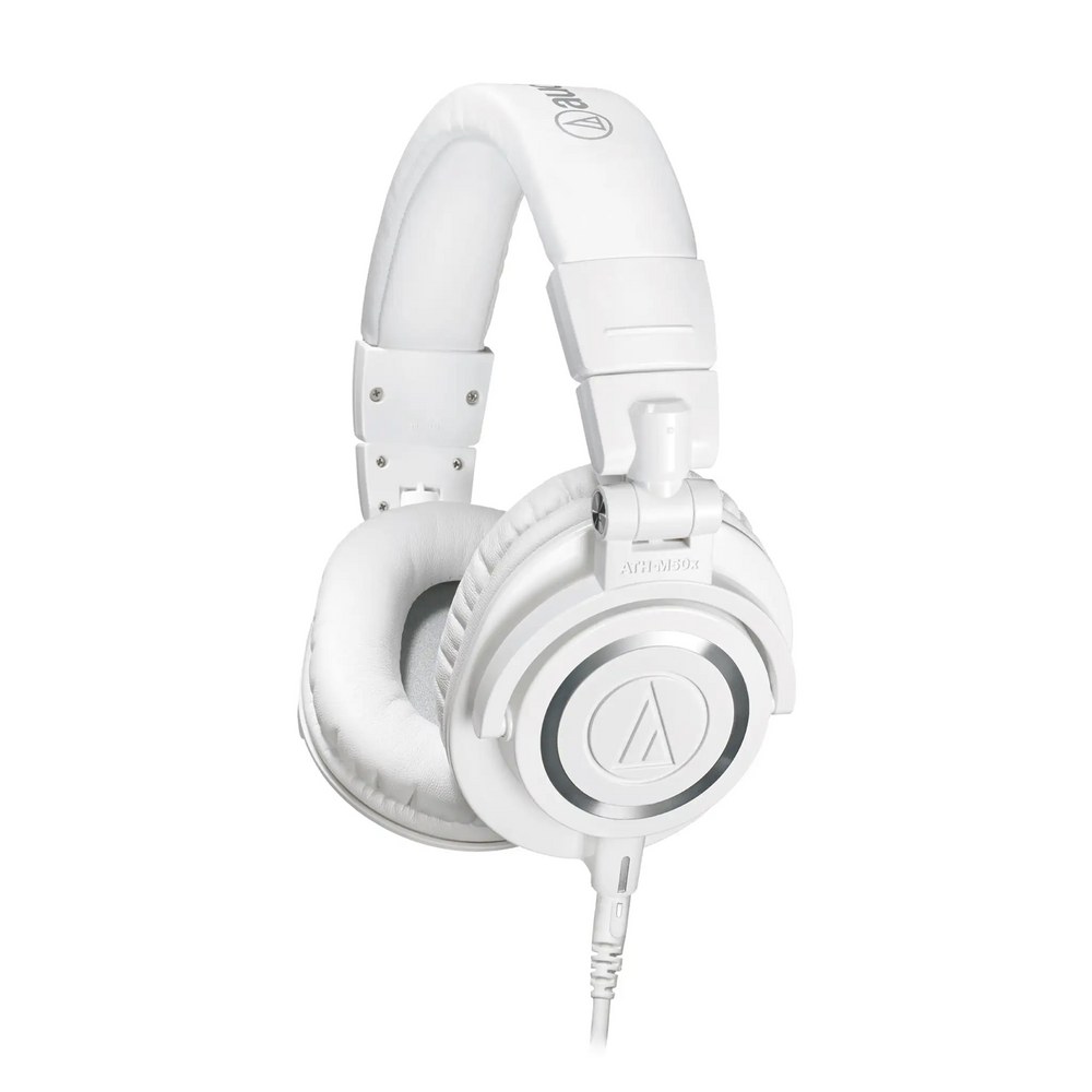 Audio-Technica ATH-M50x headphones in white left ear cup facing 3 quarter angle whitebox