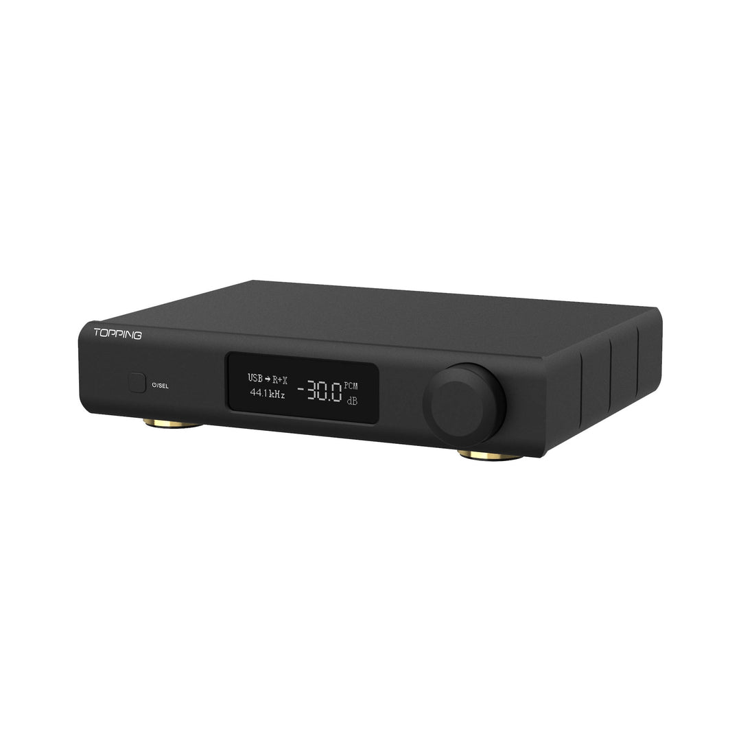 Topping D90 III DAC front right quarter over white background