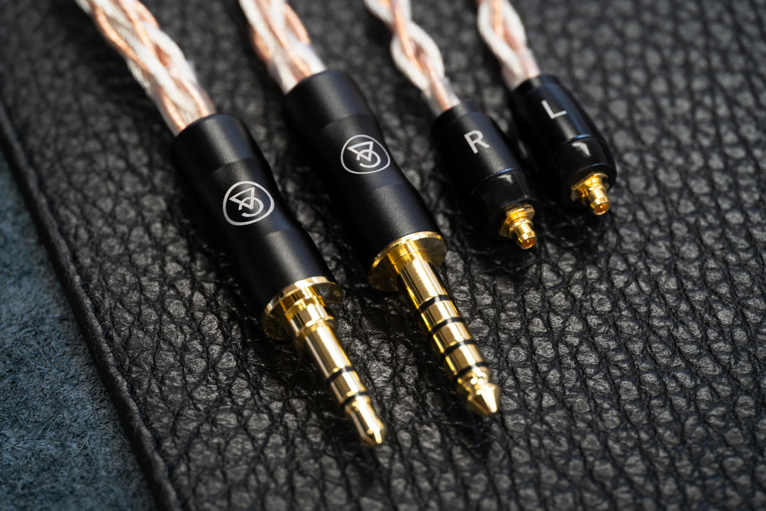 Campfire Audio Time Stream: Ultra cable termination closeup on black leather case