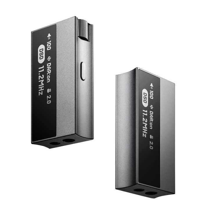 Astell&Kern HC5 portable DAC/amp x2 floating front left 3 quarter angle and front right 3 quarter angle whitebox