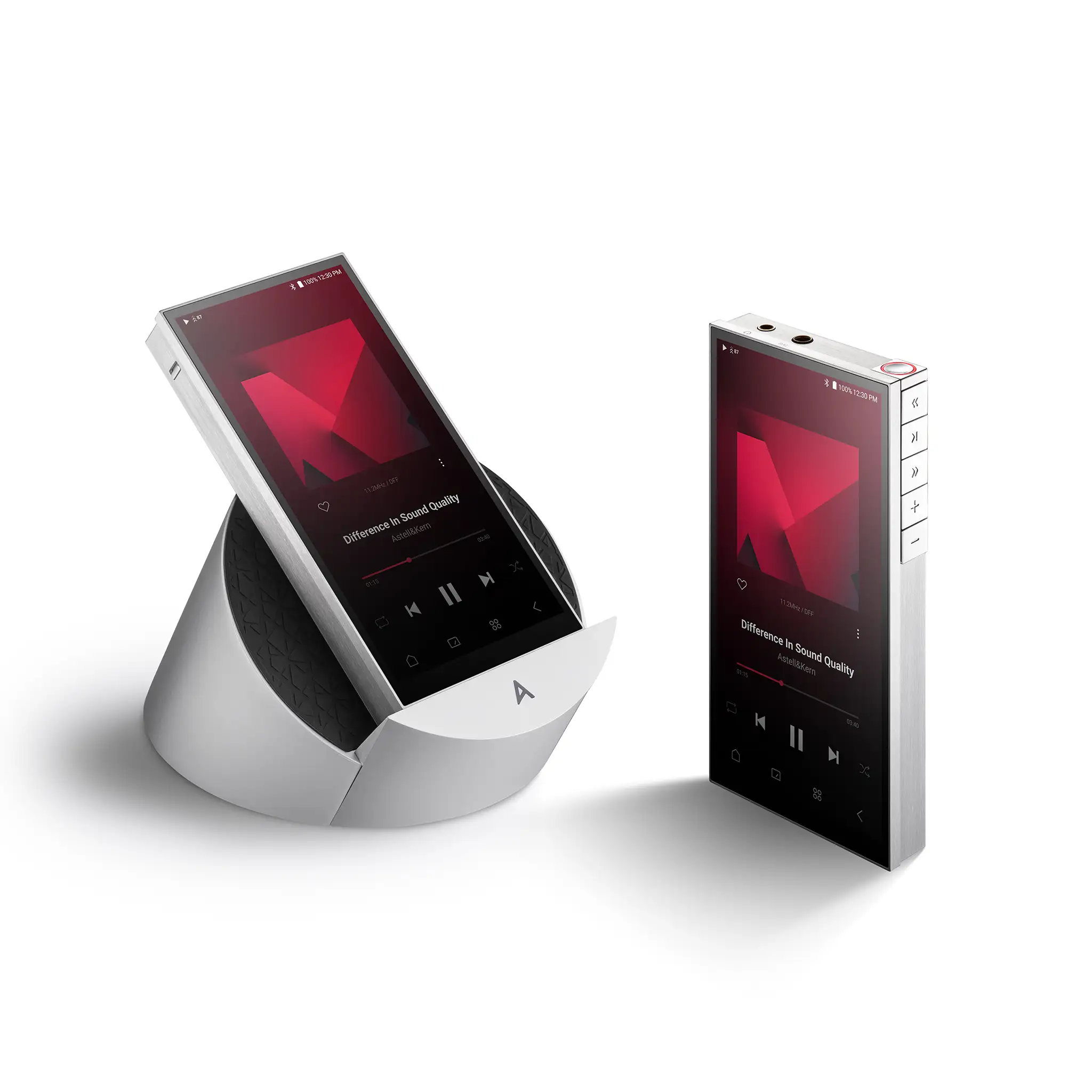 Astell&Kern PD10 dap x2 standing front right 3 quarter angle and sitting on cradle dock front left 3 quarter angle whitebox