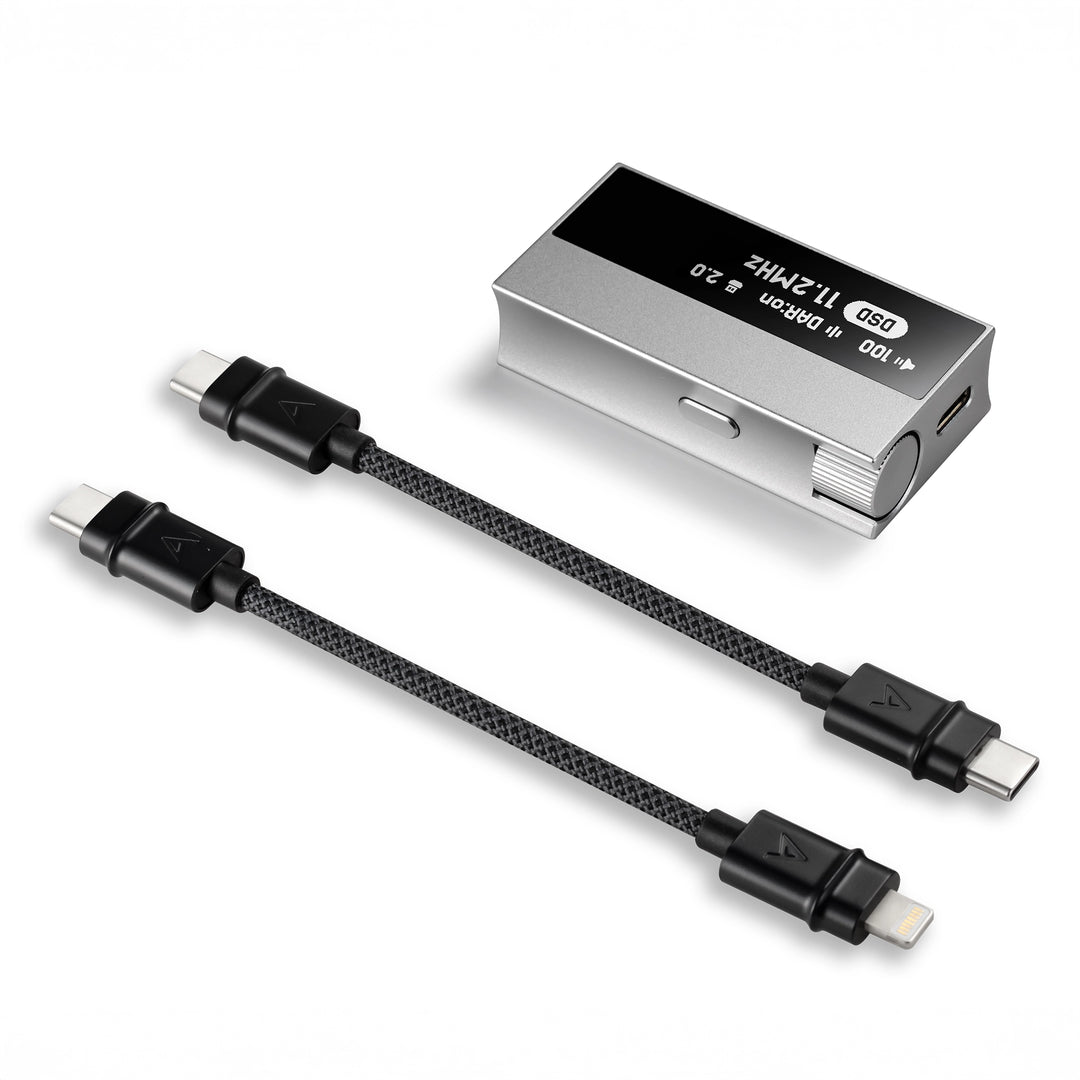 Astell&Kern HC5 portable DAC/amp lying face up with two usb-c cables whitebox