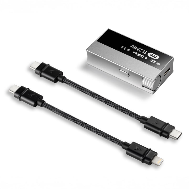 Astell&Kern HC5 portable DAC/amp lying face up with two usb-c cables whitebox