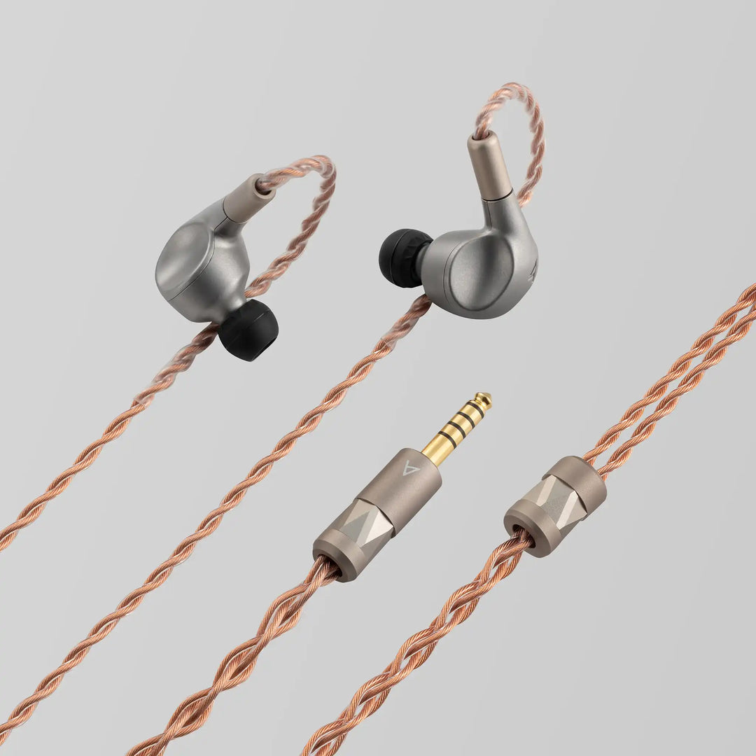 Astell&Kern LUNA IEMs with cable plug and y-split closeup on grey backdrop 