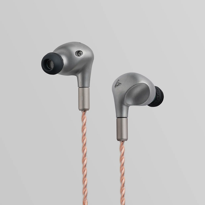 Astell&Kern LUNA IEMs floating front and back view closeup with cable hanging down grey backdrop