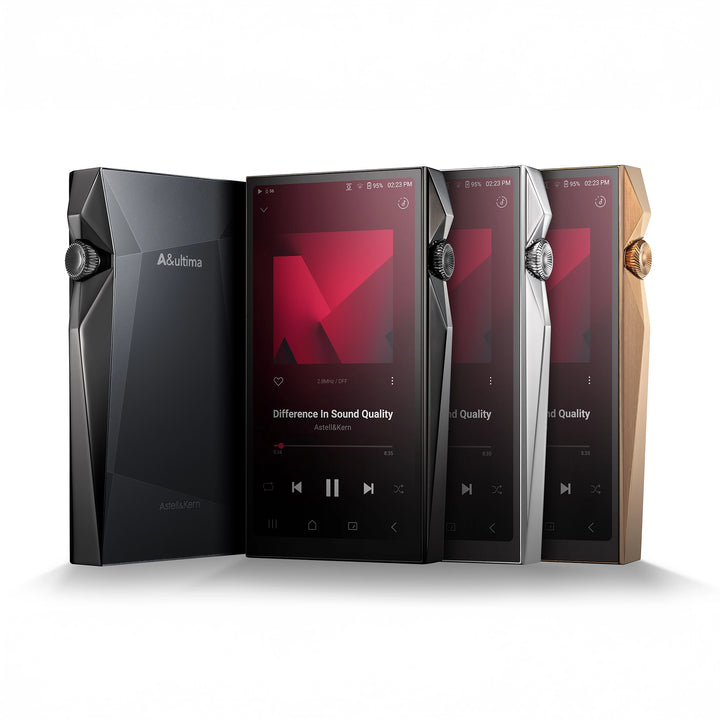 Astell&Kern SP4000 DAP x4 rear black unit and front facing black, silver and copper units turned inward whitebox