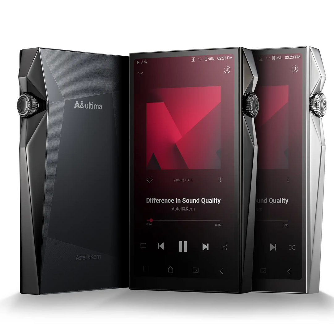 Astell&Kern SP4000 DAP x3 rear black unit and front facing black and silver units turned inward whitebox