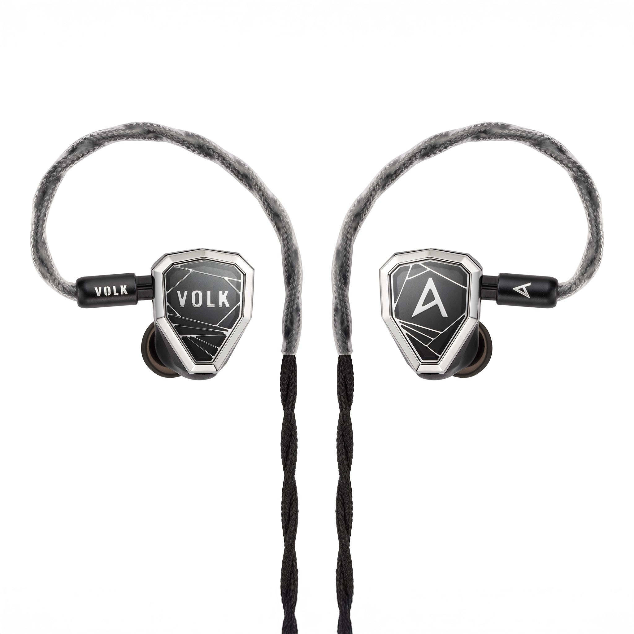 AstellnKern VOLK Audio Stella IEMs front view with cable attached whitebox