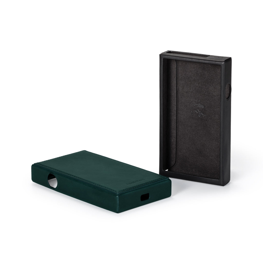 Astell&Kern SE300 black case vertical and green case horizontal over white background