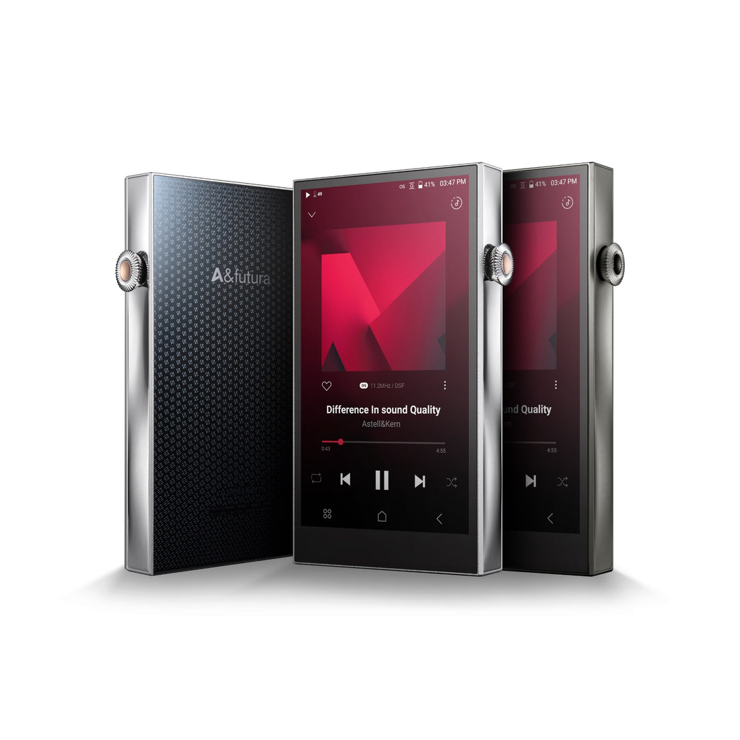 Astell&Kern SE300 (x2) silver (x1) Titanium 3 quarter front and rear over white background