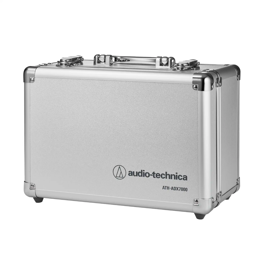 Audio-Technica ATH-ADX7000 headphones hard shell case sitting front right 3 quarter whitebox