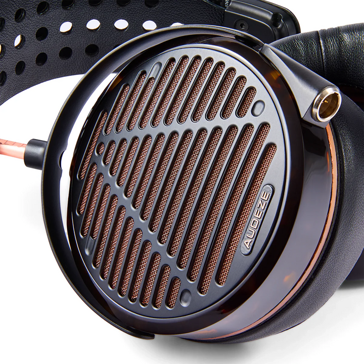 Audeze LCD-5s headphone extreme closeup of ear cup whitebox