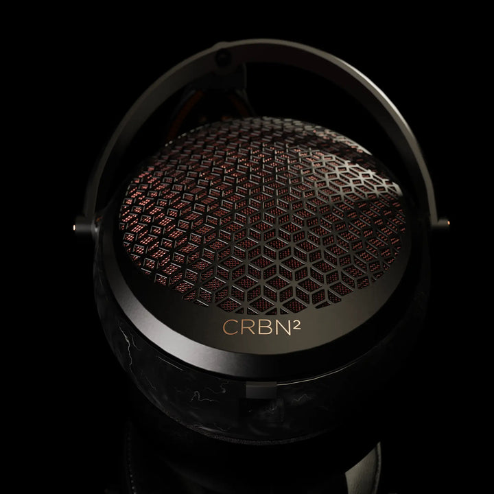 Audeze CRBN2 profile closeup highlighting logo and grill black background