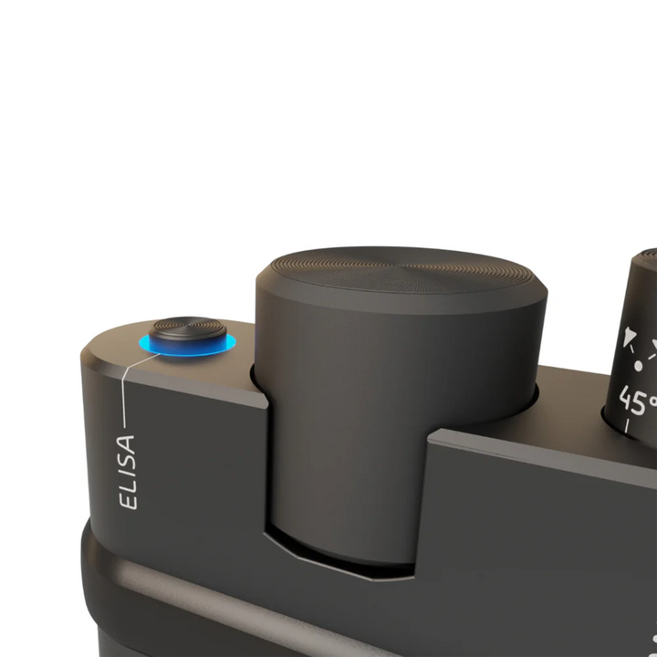 Audma Brioso portable amplifier closeup of main knob at top of amp whitebox