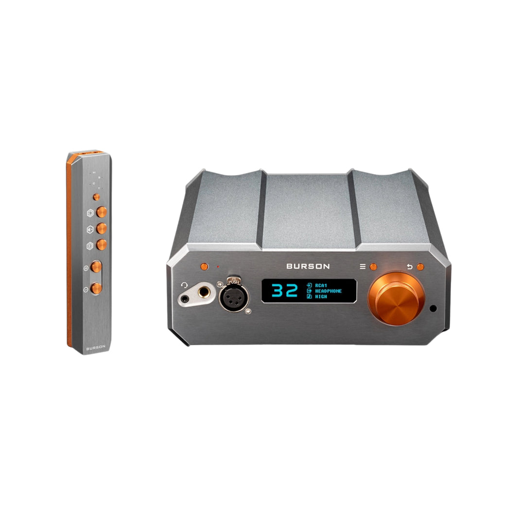 Burson Audio Soloist Stellar headphone amp front center with remote whitebox