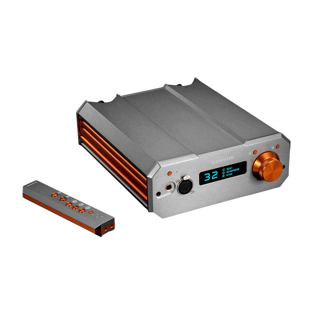 Burson Audio Soloist Stellar headphone amp front left 3 quarter with remote whitebox