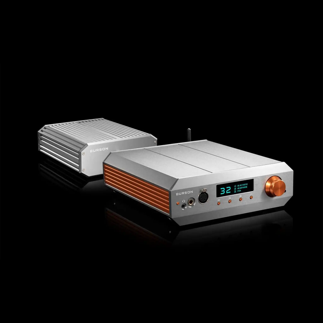 Burson Conductor Voyager front left 3 quarter angle with fusion core behind black background