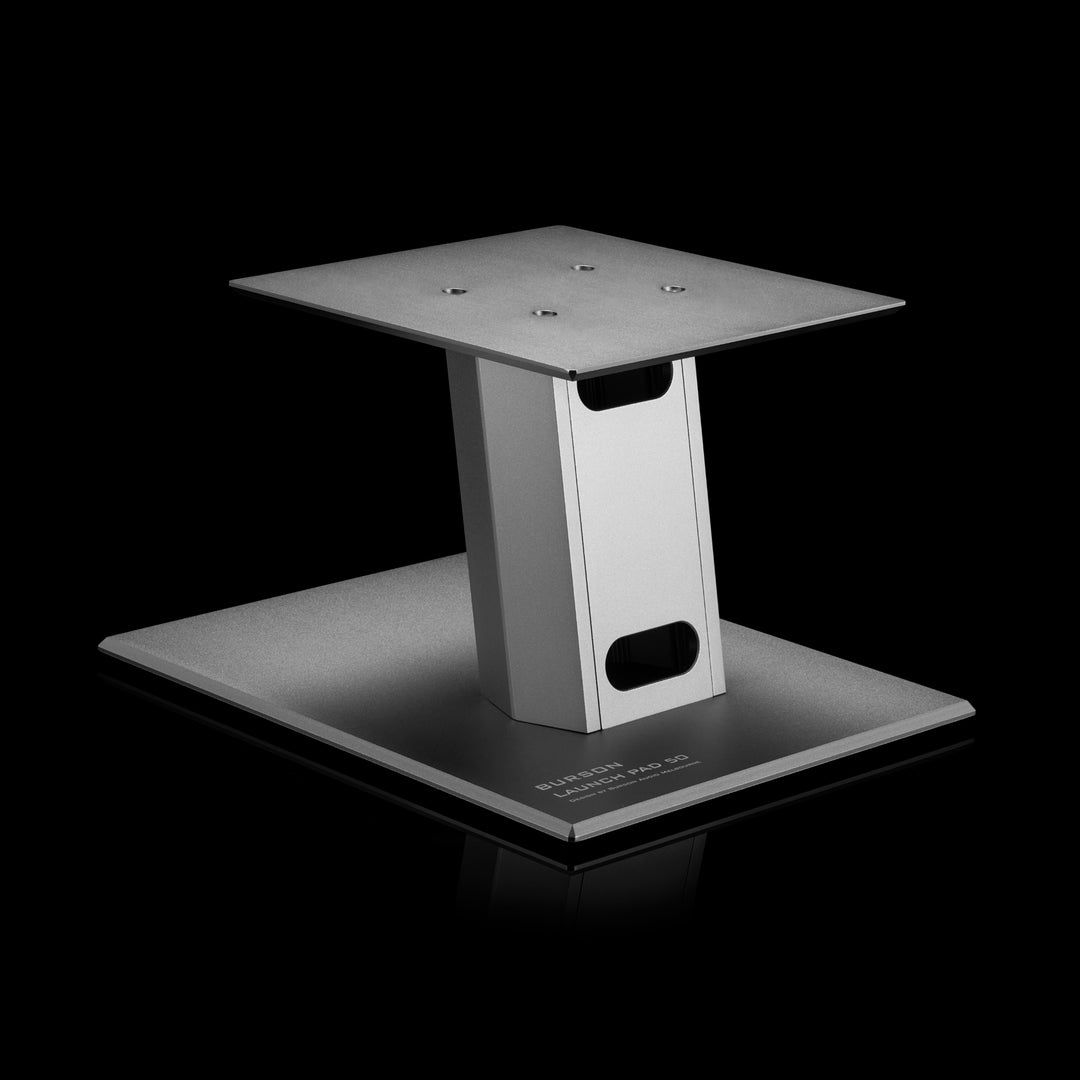 Burson Launch Pad 50 speaker stand rear 3 quarter over black background highlighting cable mgmt feature