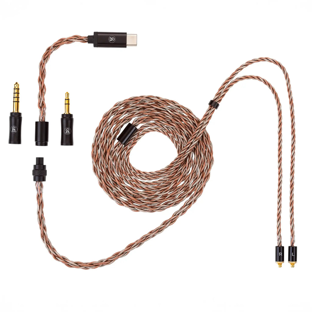 Campfire Audio Grand Luna IEMs interconnect cable system with terminations birdseye view whitebox