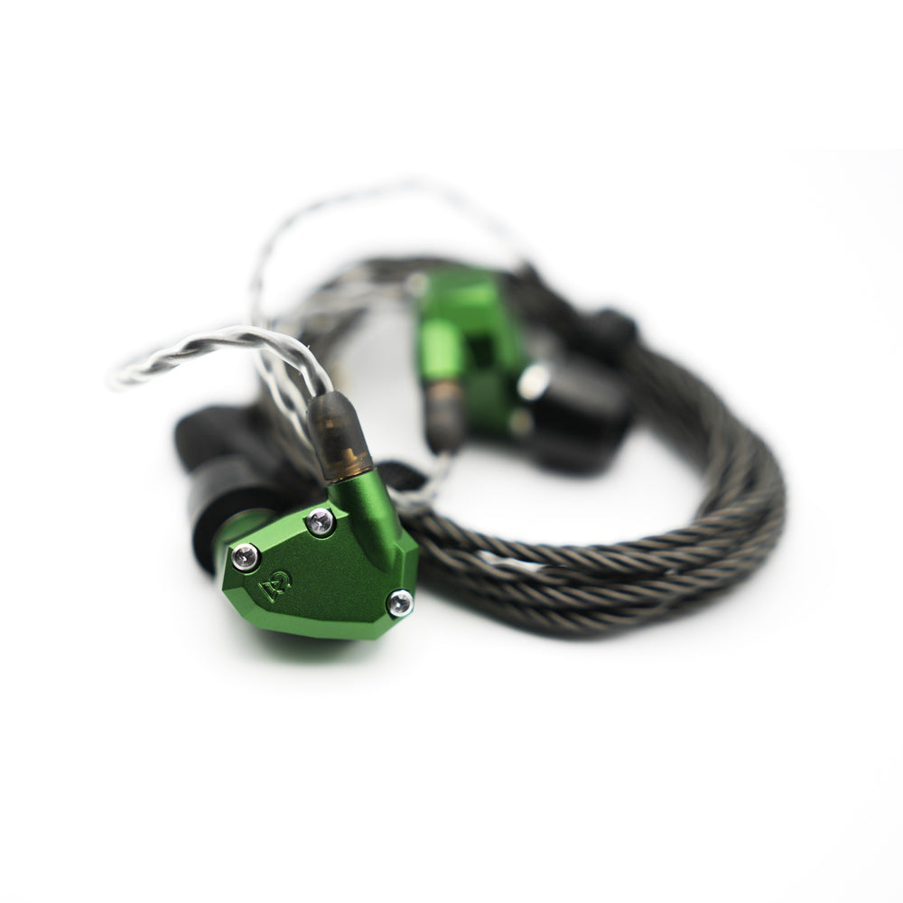 Campfire Audio Andromeda 2019 front with attached coiled stock cable over white background from Bloom Audio gallery