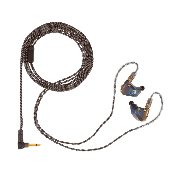 Campfire Audio Moon Rover with attached coiled stock cable over white background