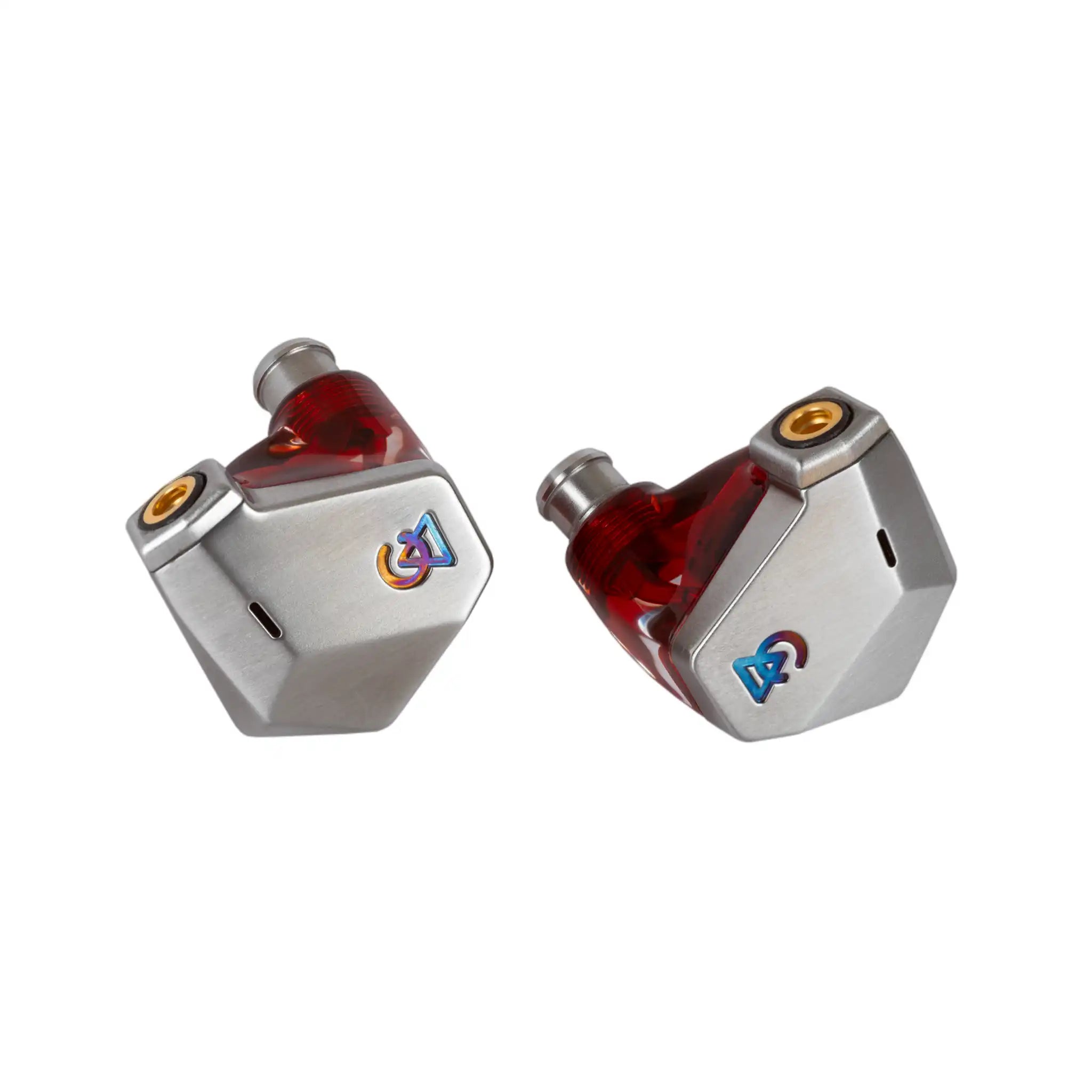 Campfire Audio Grand Luna IEMs sitting front closeup of CFA logo whitebox