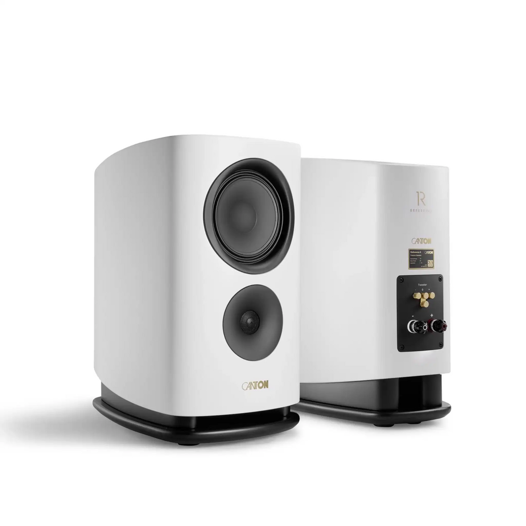 Canton Reference 9 speakers white front and back right 3 quarter angle whitebox