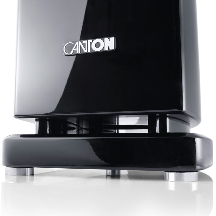 Canton Reference 7K black front bottom closeup highlighting logo over white background