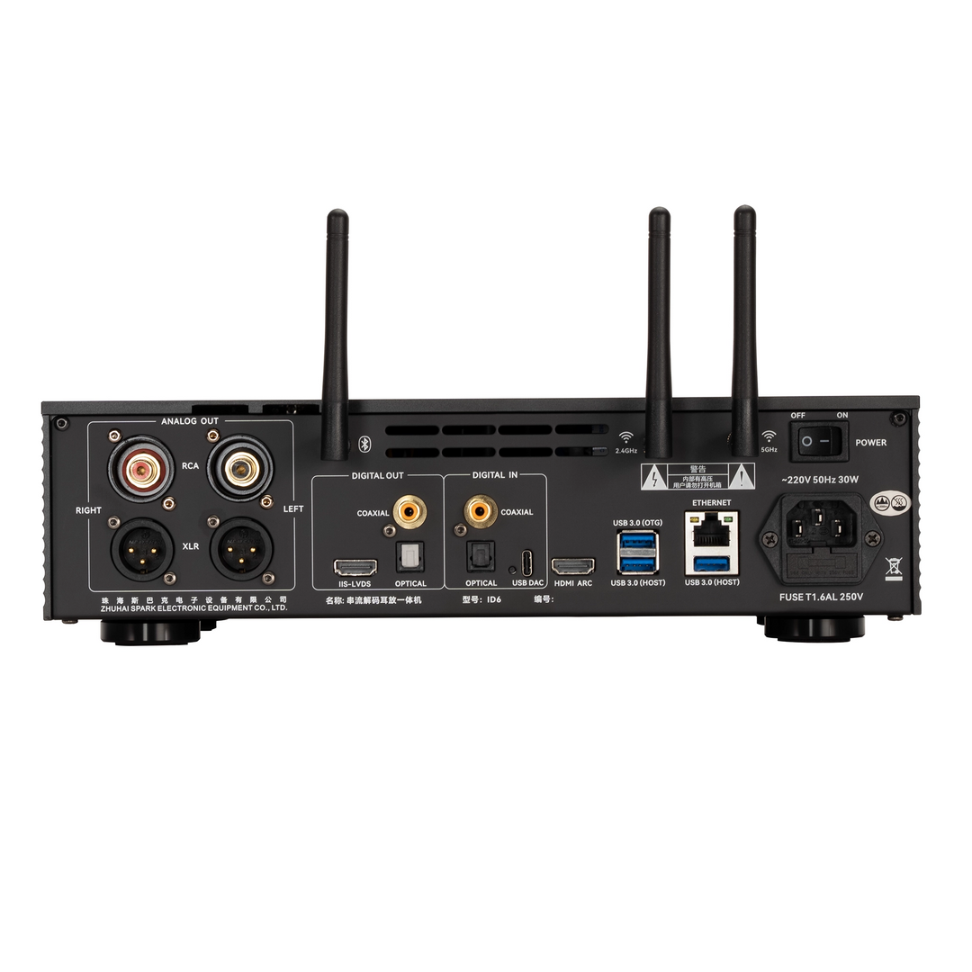 Cayin ID6 desktop streamer, dac and headphone amp center rear view