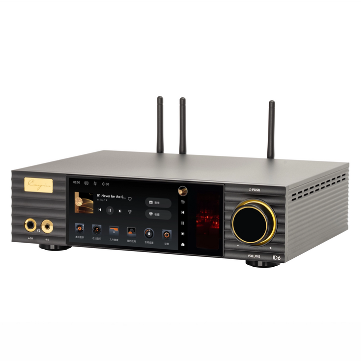 Cayin ID6 desktop streamer, dac and headphone amp front right 3 quarter whitebox