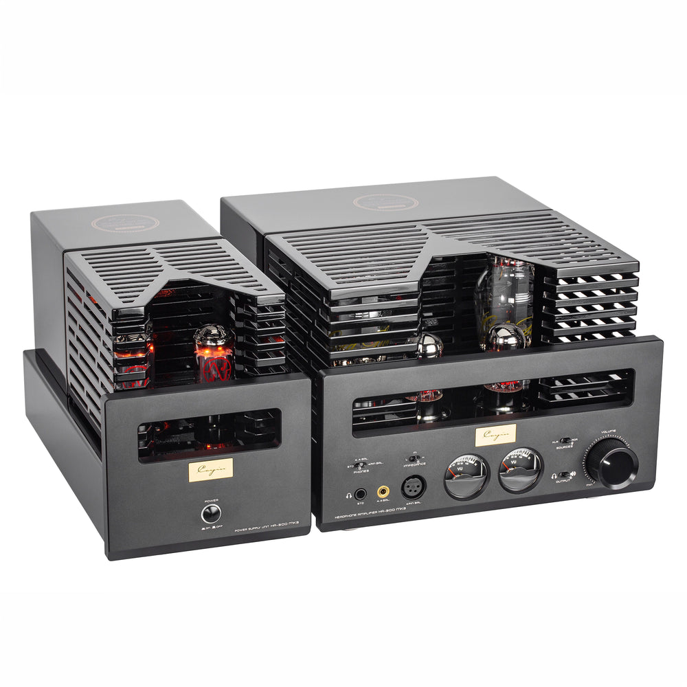 Cayin HA-300 MK3 headphone amplifier with cage on front left 3 quarter whitebox