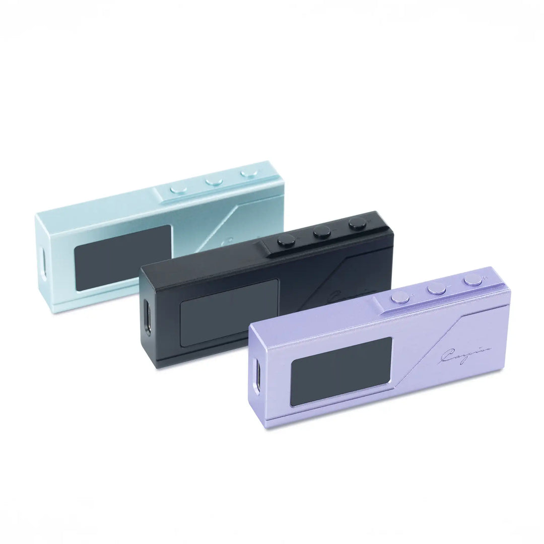 Cayin RU3 DAC/amp x3 standing front left 3 quarter angle in a row whitebox