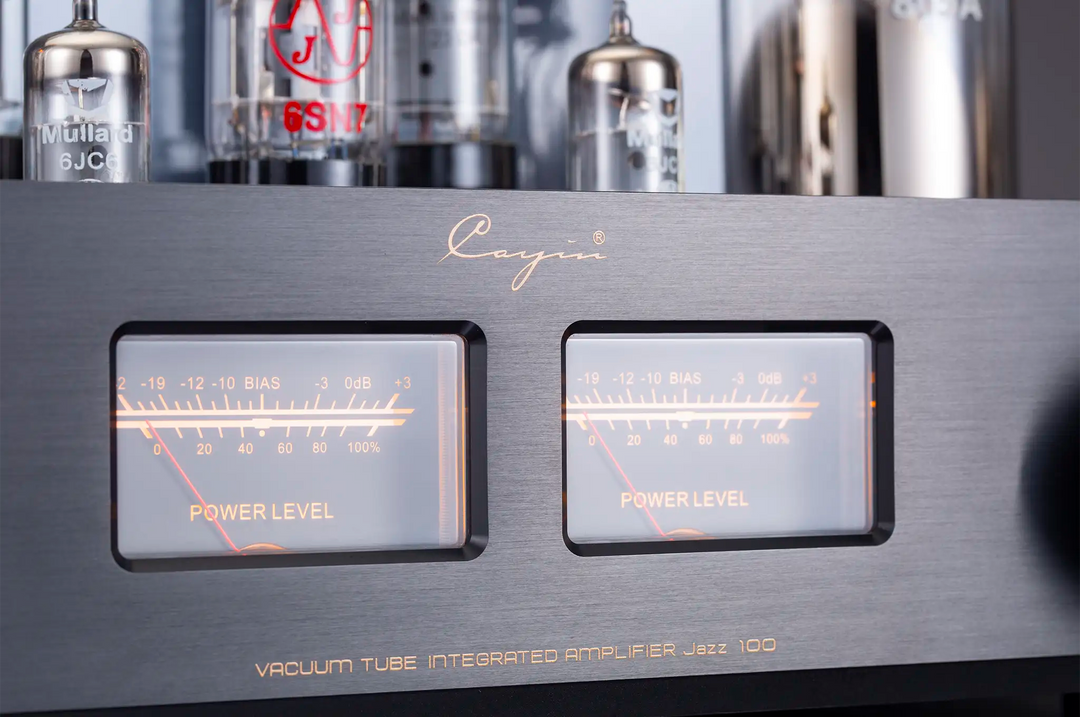 Cayin Jazz 100 headphone amplifier in black closeup of vu meters