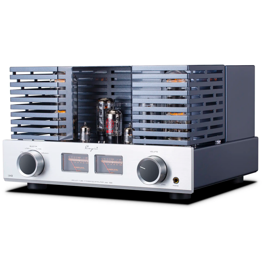 Cayin Jazz 100 headphone amplifier in silver with cover on front right 3 quarter angle whitebox