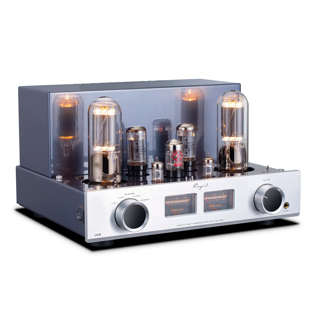 Cayin Jazz 100 headphone amplifier in silver front left 3 quarter angle whitebox