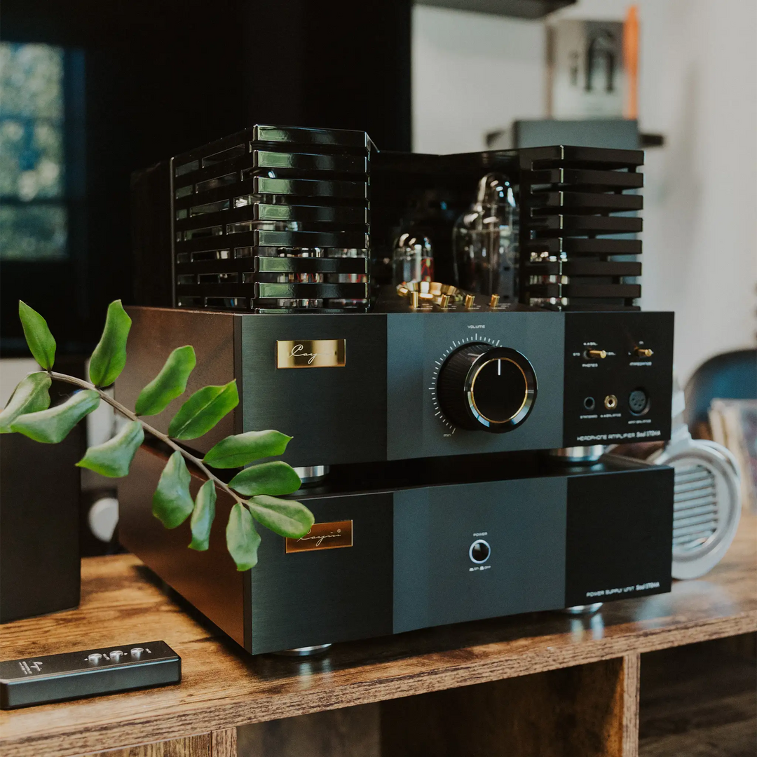 Cayin Soul 170HA headphone amplifier left 3 quarter angle sitting on wooden table with HIFIMAN Susvara Unveiled and plant