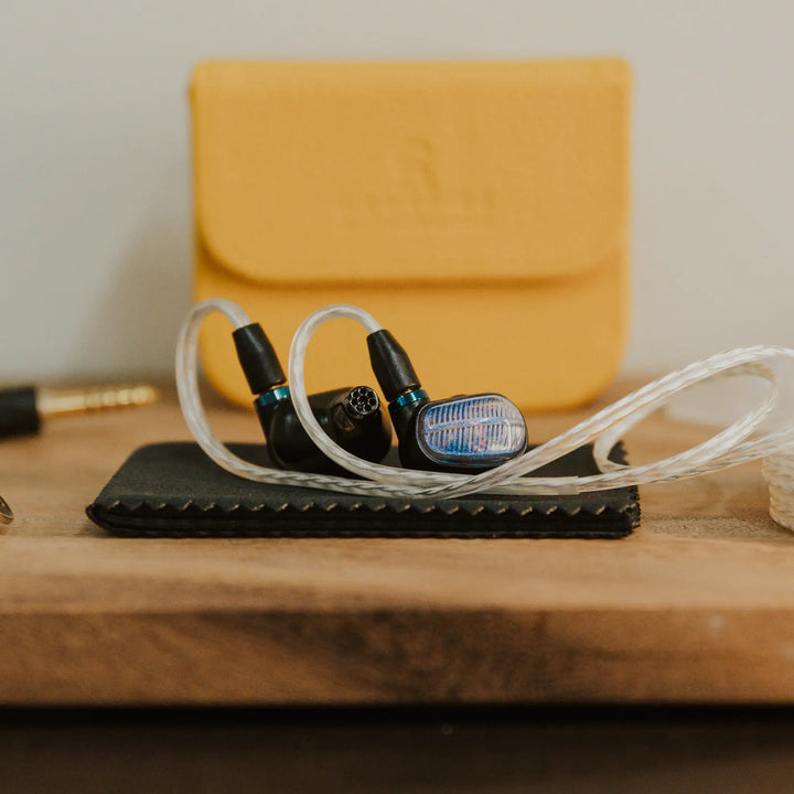Campfire Audio Alien Brain IEMs sitting on cleaning cloth with accessories front and back views