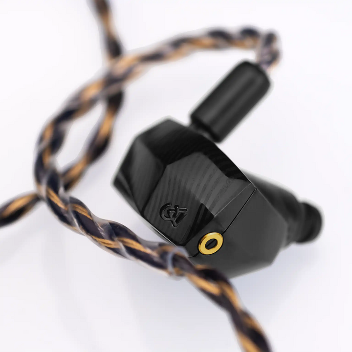 Campfire Audio Andromeda 10 SE black IEM plugged into cable closeup of CFA logo whitebox