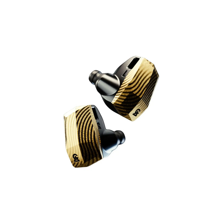 Campfire Audio Andromeda 10 SE gold IEMs floating diagonally side view whitebox