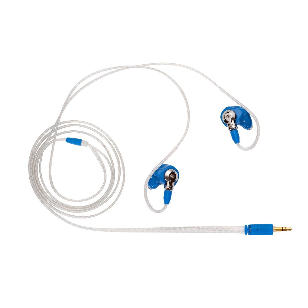Campfire Audio Cascara blue earphones connected to stock 3.5mm cable over white background