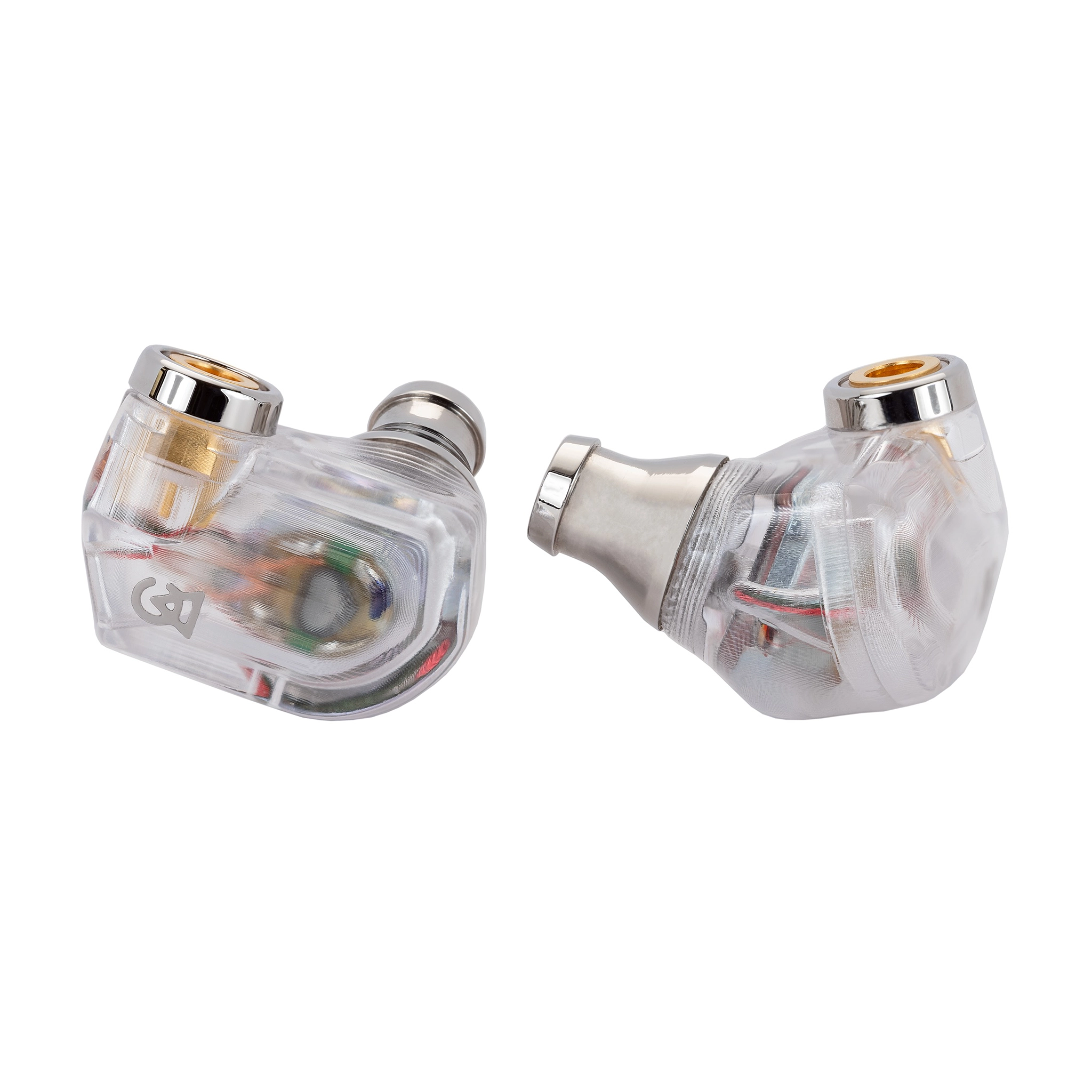Campfire Audio Iris IEMs sitting front and side view closeup whitebox