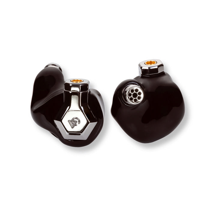 Campfire Audio Ponderosa black earphones front and rear over white background