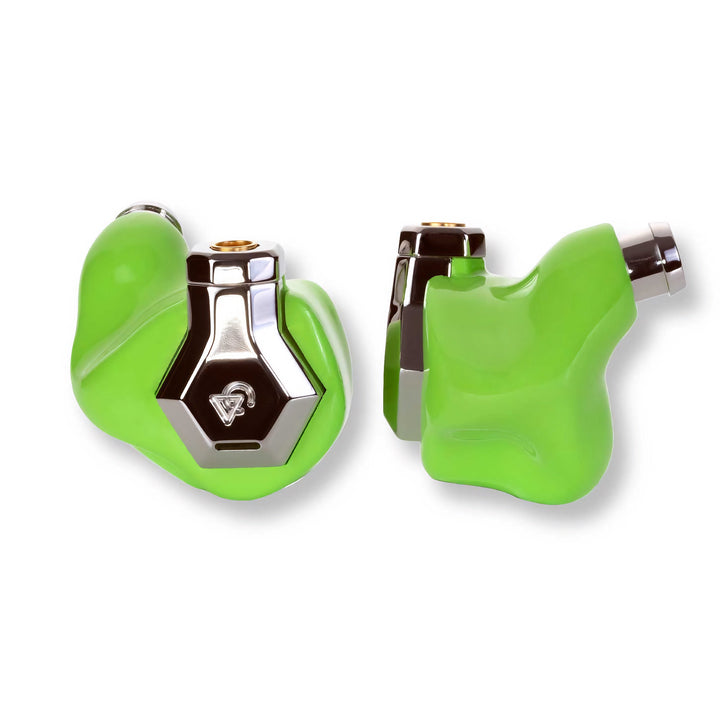 Campfire Audio Ponderosa green earphones front and profile over white background