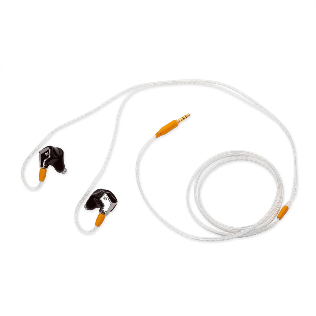 Campfire Audio Supermoon black with attached orange Time Stream cable over white background