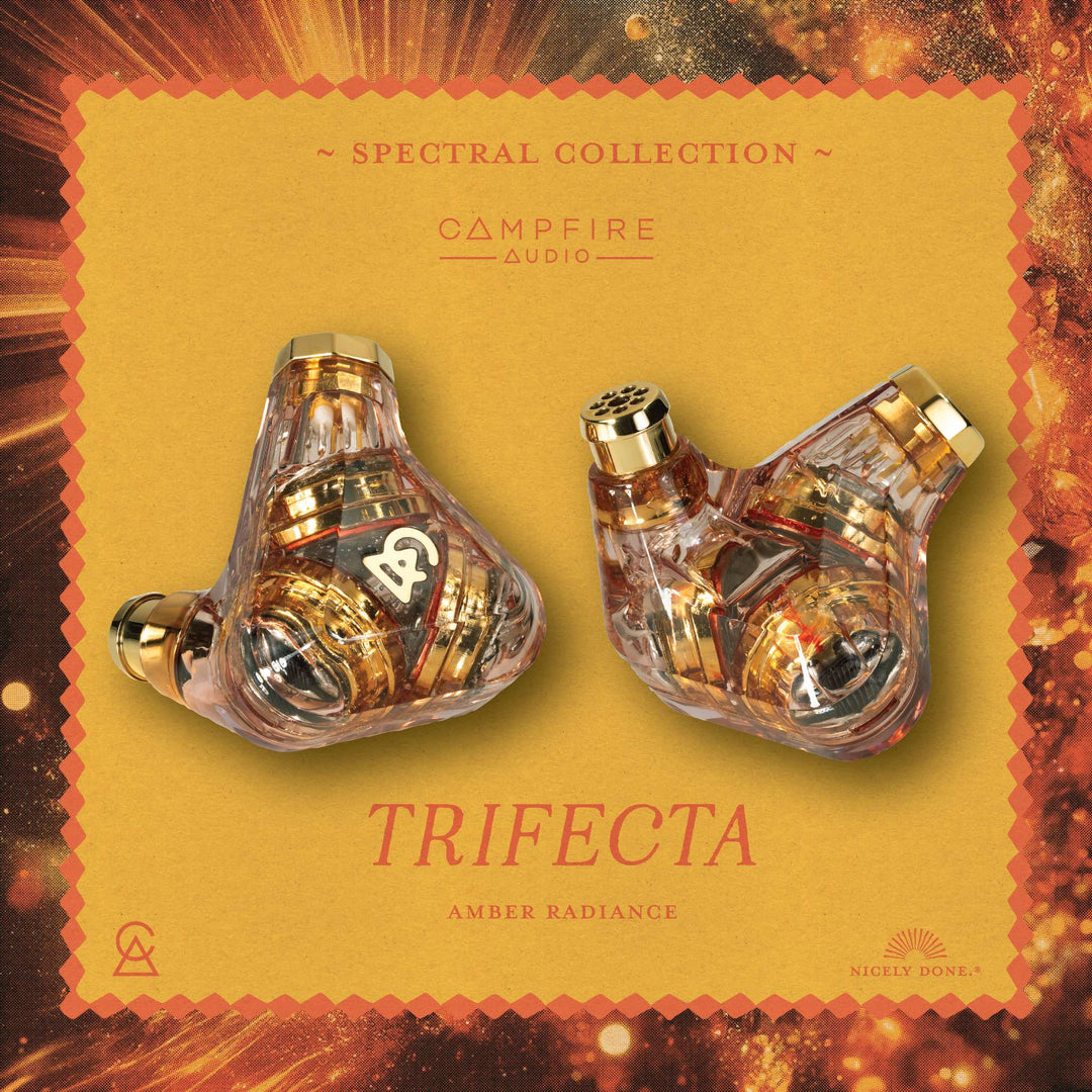 Campfire Audio Trifecta Amber Radiance front and rear with logos and radiant sun border