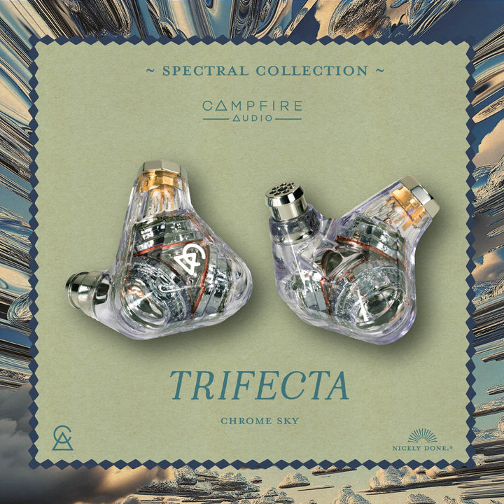 Campfire Audio Trifecta Chrome Sky front and rear with logos and silver blue border