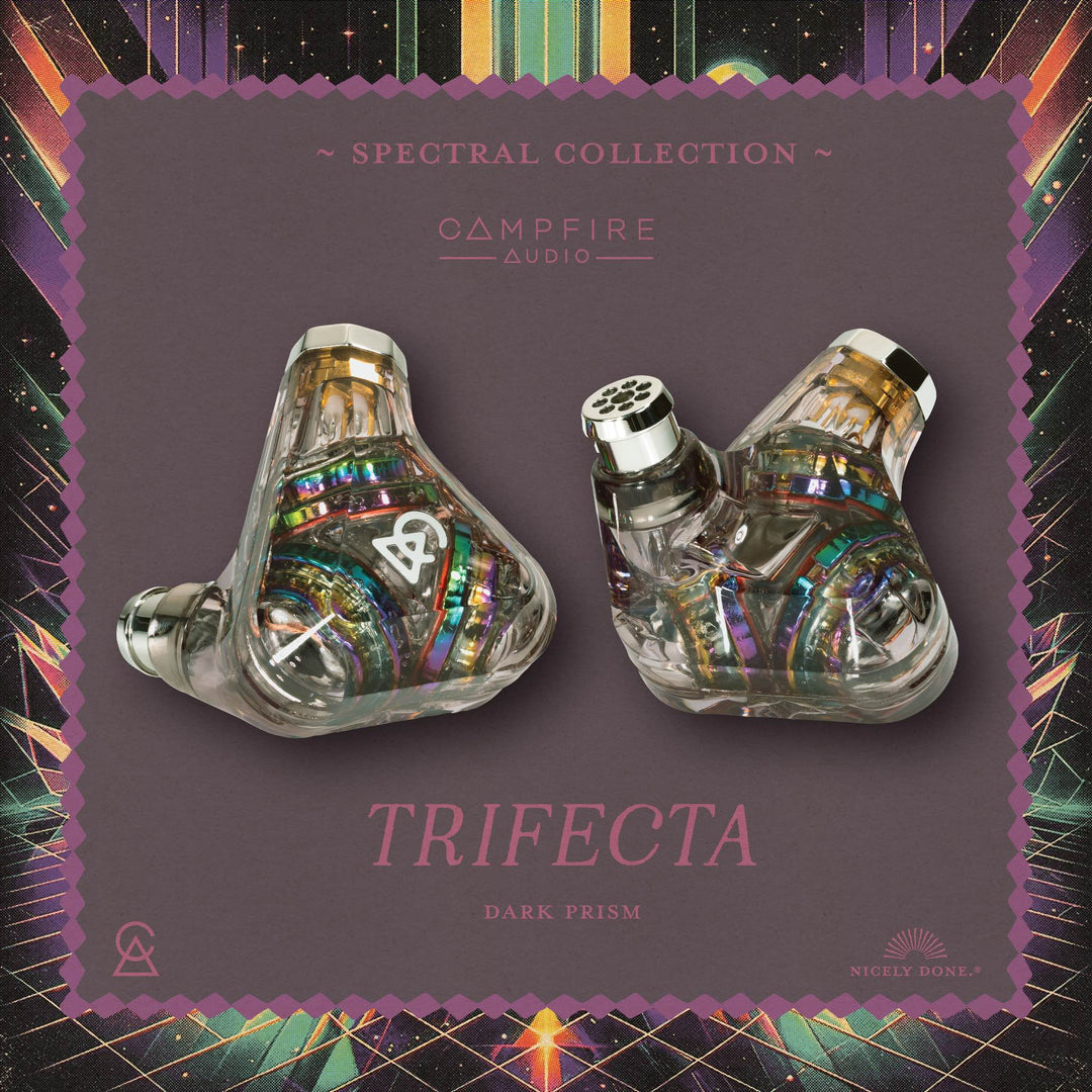 Campfire Audio Trifecta Dark Prism front and rear with logos and spectral border